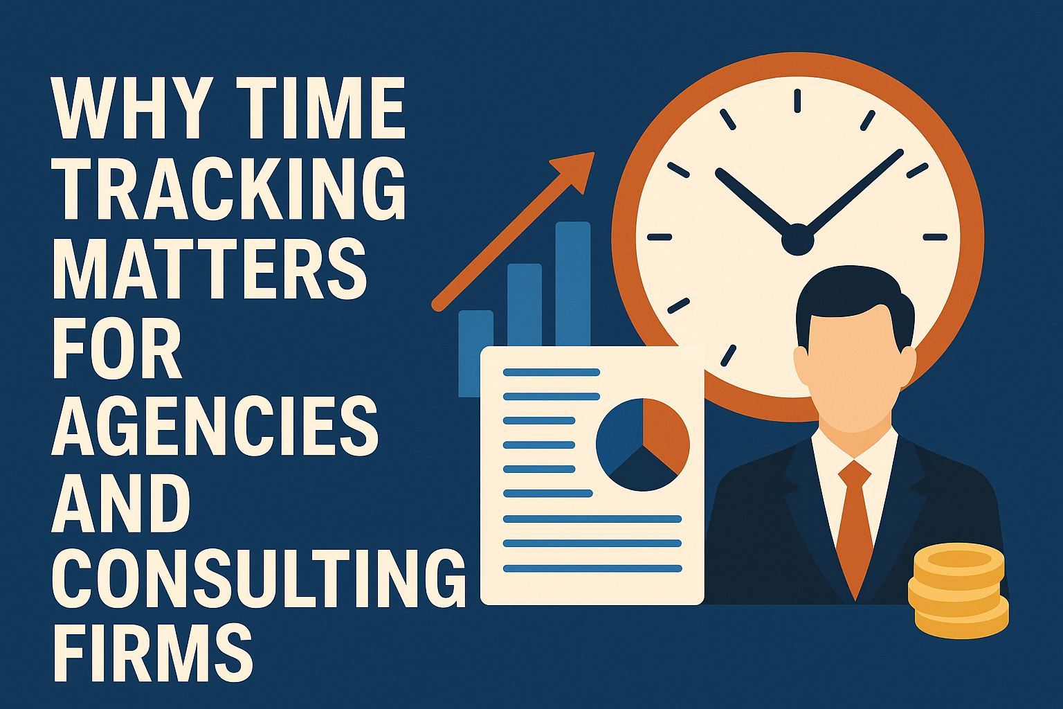 CFO analyzing time tracking data with charts, clock, and business analytics icons representing profitability and utilization for agencies and consulting firms